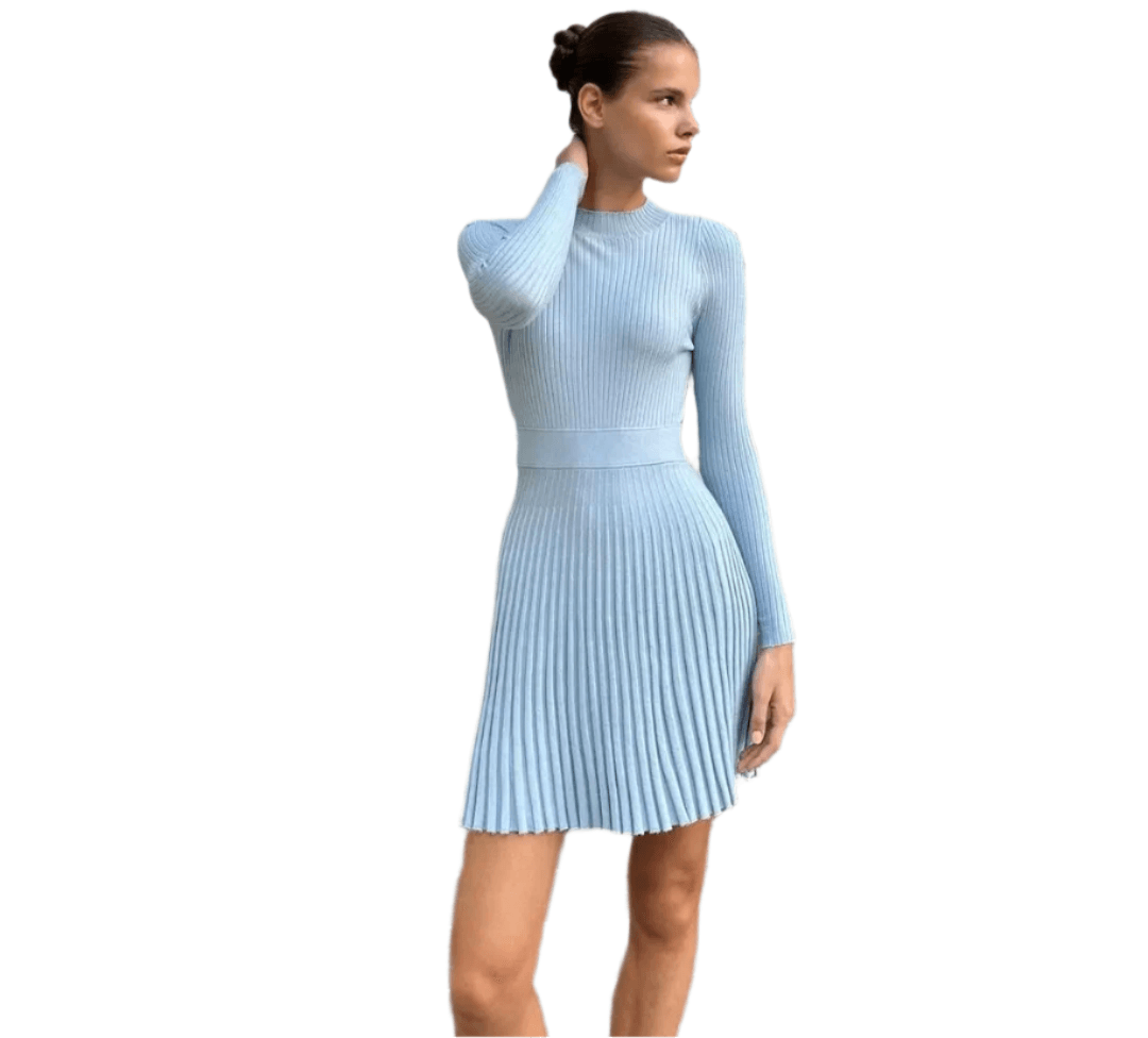 Turtleneck Knit Ruffled Mini Elegant High Waist Ribbed Skinny Knitwear Dress - JVMCL