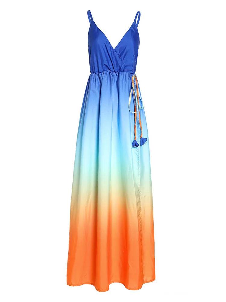 Gradient Print Maxi Sundress – Sexy V-Neck Spaghetti Strap Summer Dress - JVMCL