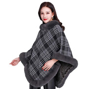 Party Outfit Grey Grid Winter Thick Warm Poncho with Faux Rabbit Fur Collar - JVMCL