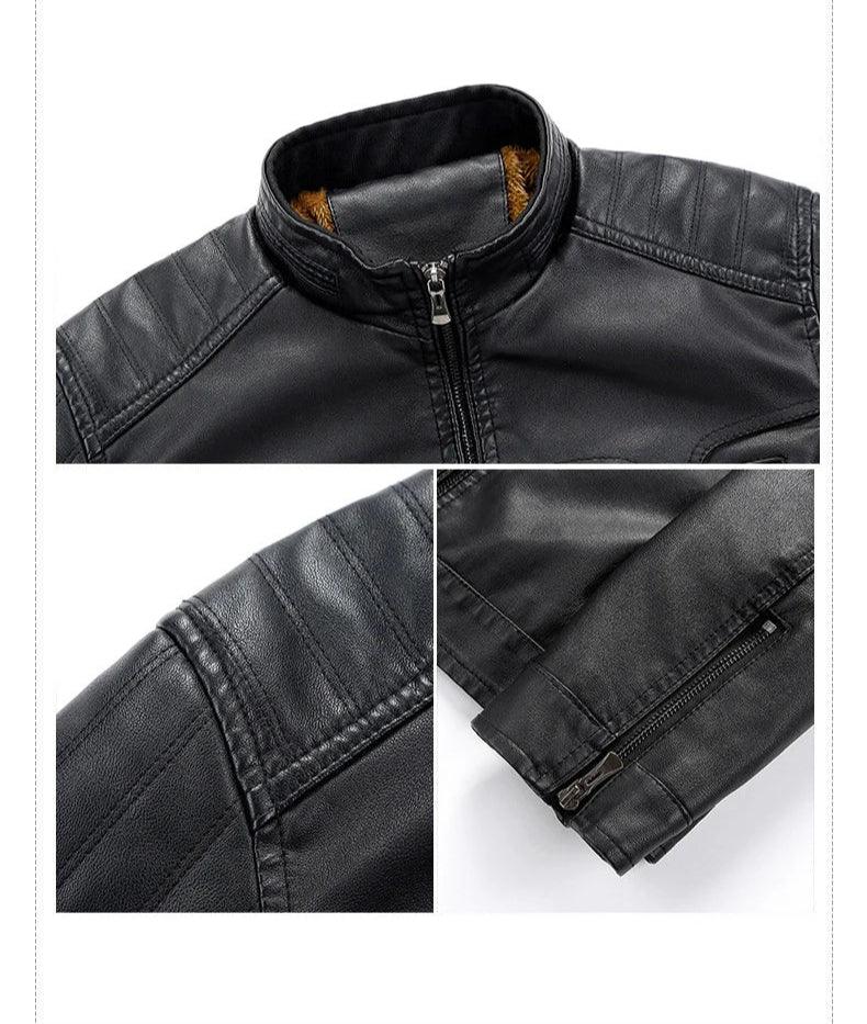 Men’s Standing Collar PU Leather Jacket – Multi-Pocket Moto & Biker Style - JVMCL