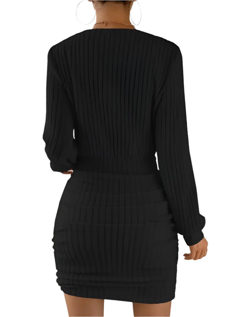 Women's Autumn/Winter Warm Bodycon Knitted V-Neck Wrap Style Mini Sweater Dress - JVMCL