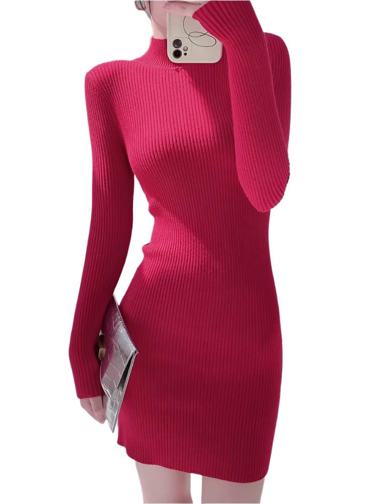 Women Mock Neck Long Sleeve Knit Sexy Bodycon Dress Autumn Winter - JVMCL