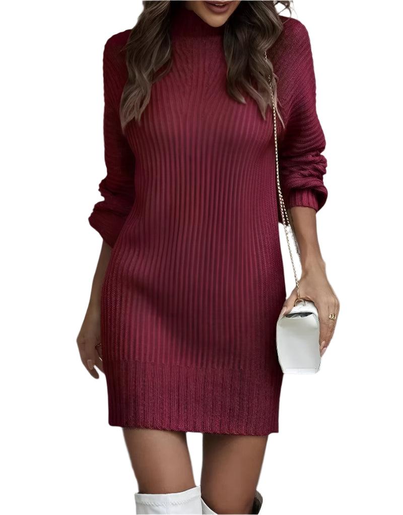 Elegant Knitted Solid Color Pit-stripe Turtleneck Long Sleeve Sweater Dresses - JVMCL