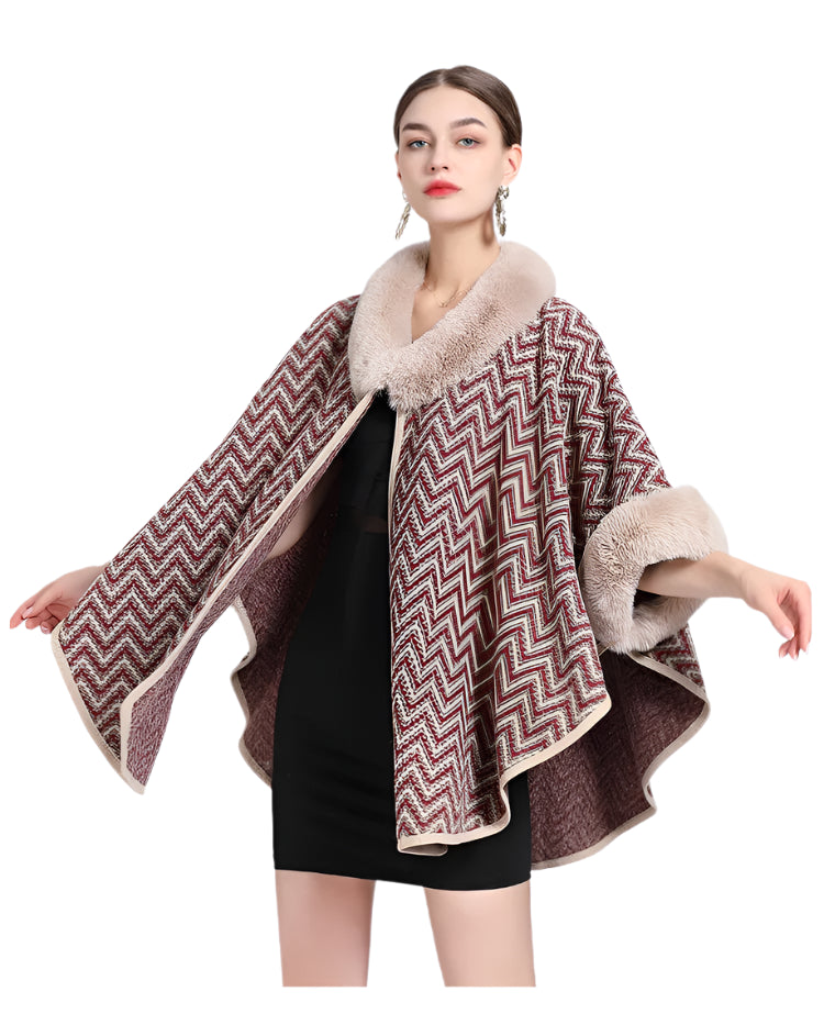 Winter Wave Striped Knit Faux Rabbit Fur Collar & Batwing Sleeves Poncho Cloak