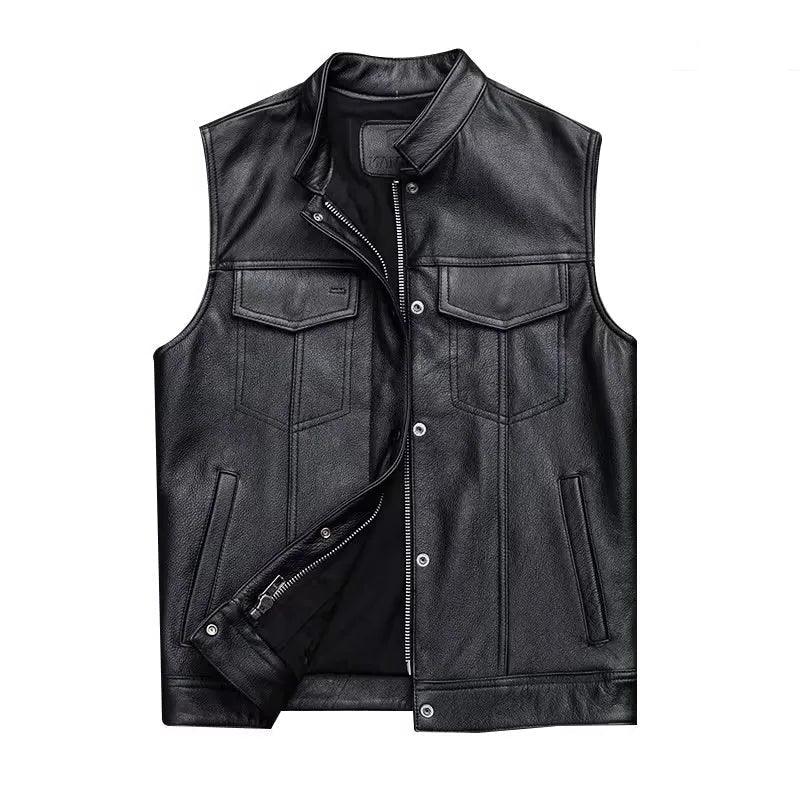 High-Quality Men's Motorcycle Rider Stand Collar Sleeveless Leather Jacket Vest - JVMCL