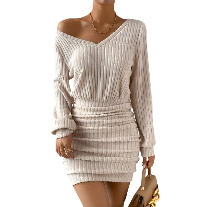 Women's Autumn/Winter Warm Bodycon Knitted V-Neck Wrap Style Mini Sweater Dress - JVMCL