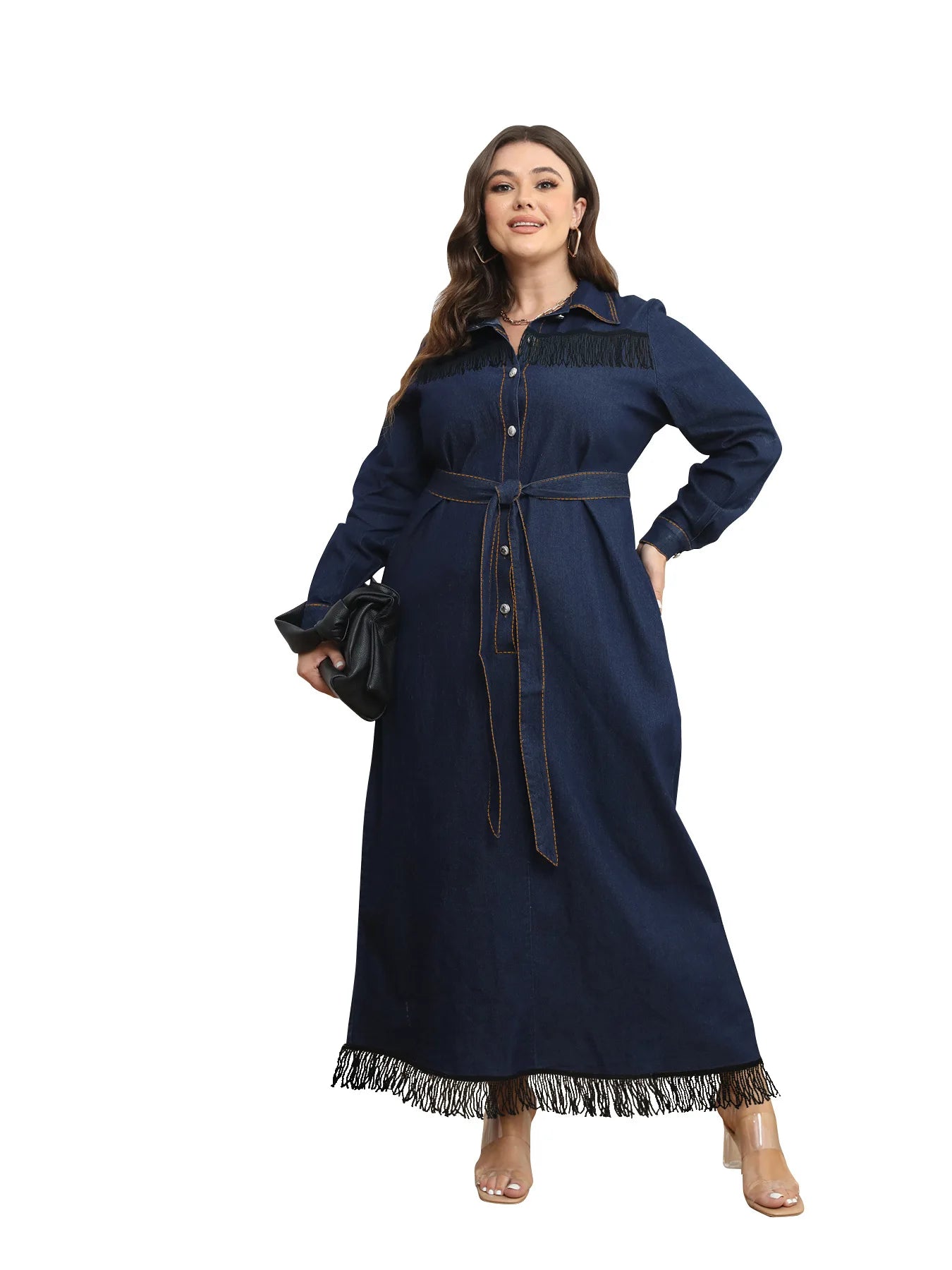 Women’s A-Line Loose-Fit Casual Plus Size Denim Fringe Ruffle Dress