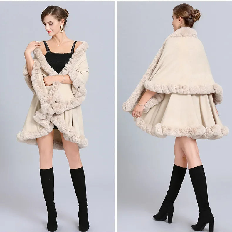 Elegant Outstreet Faux Fox Fur Collar Two-Layer Poncho Cape Cardigan Coat - JVMCL