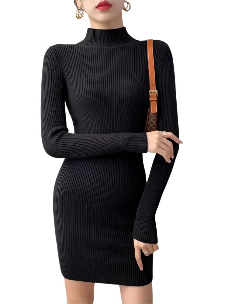 Women Mock Neck Long Sleeve Knit Sexy Bodycon Dress Autumn Winter - JVMCL