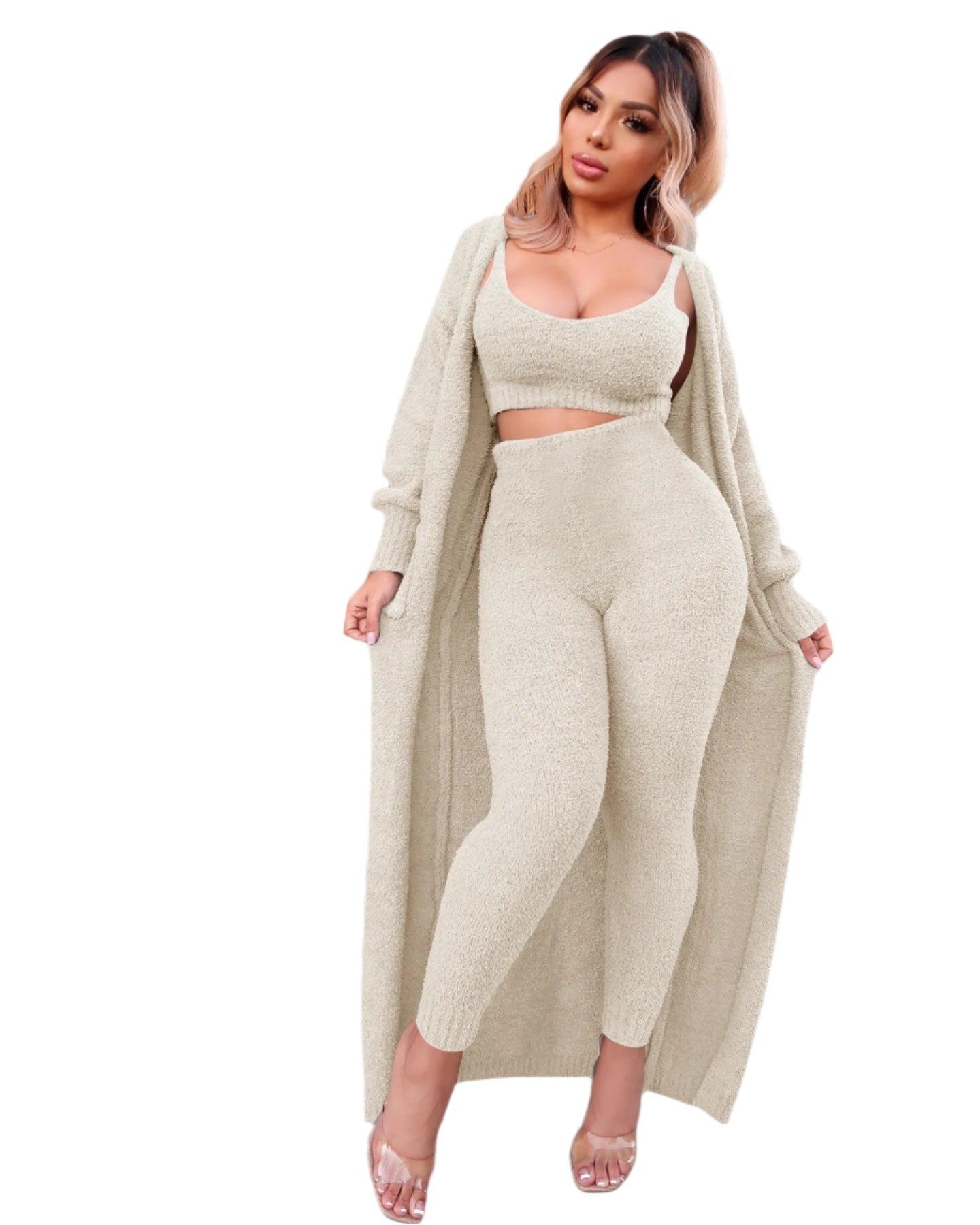 3-Piece Women’s Autumn & Winter Streetwear Set –Crop Top, Pants & Long Cardigan - JVMCL