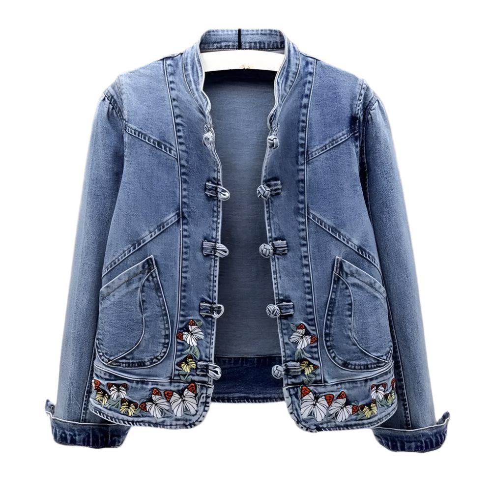 Women’s Retro Denim Jacket with Elegant Chinese Style Embroidery - JVMCL