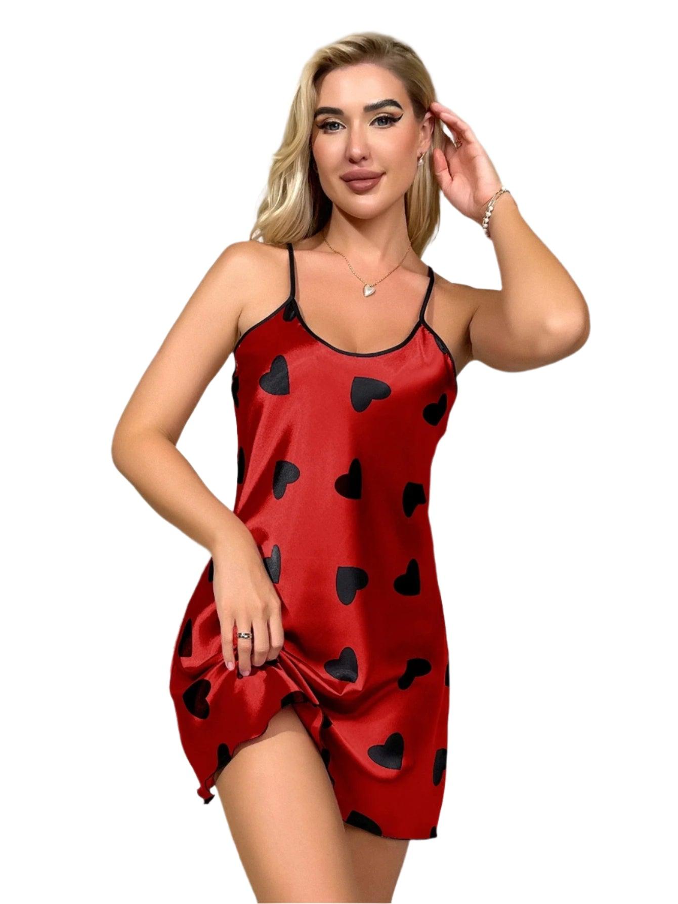 Heart Print Criss-Cross Back Nightdress - Elegant Scoop Neck Sleepwear for Women - JVMCL