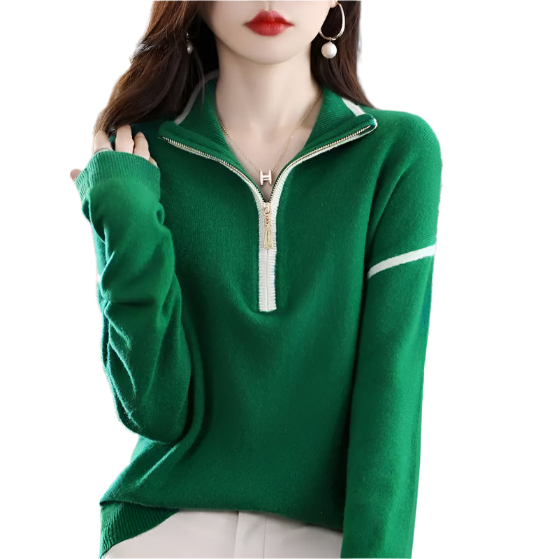 Women's Streetwear Zipper Mock Neck Knitted Sweater – Casual Loose Pullover