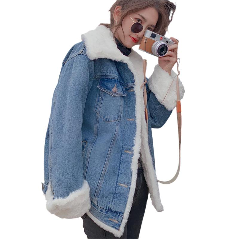 Velvet-Thickened Lamb Wool Denim Jacket for Women –Korean Style Winter Outerwear - JVMCL