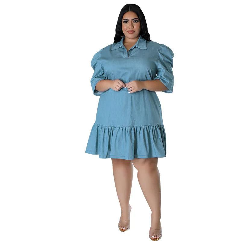 Plus Size Women’s Loose Casual Lapel Neck Short Sleeve Denim Mini Dress 3XL-5XL - JVMCL