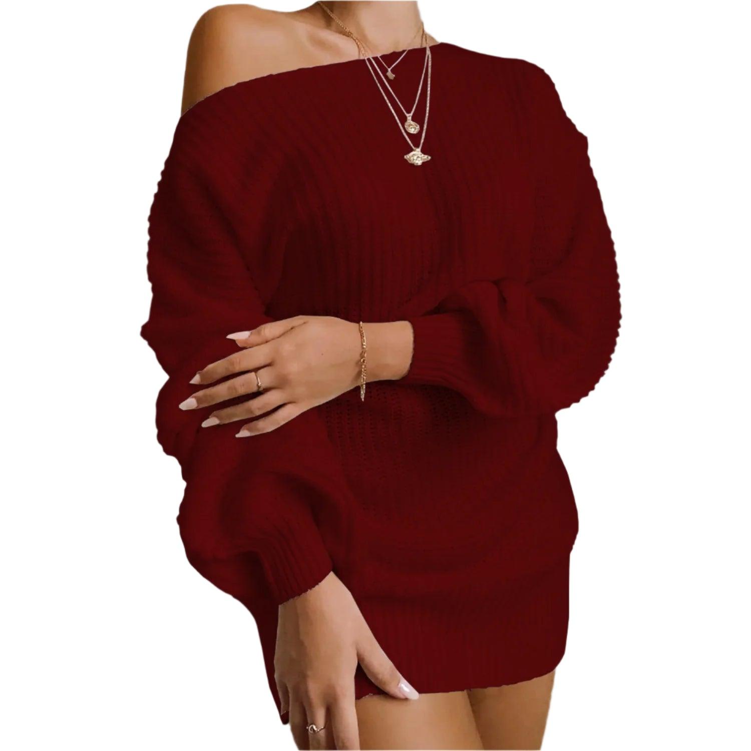 Women's Cold Shoulder Lantern Sleeve Mini Sweater Dress - Spring Fashion - JVMCL