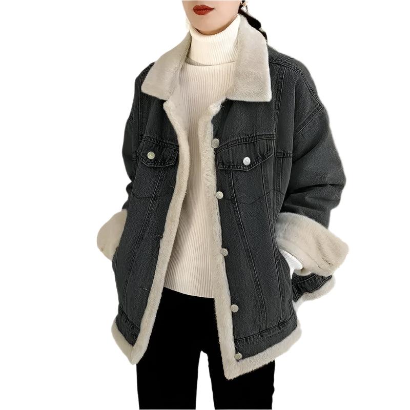 Women’s Winter Patchwork Padded Denim Jacket – Fur Plush Warm Jean Coat - JVMCL