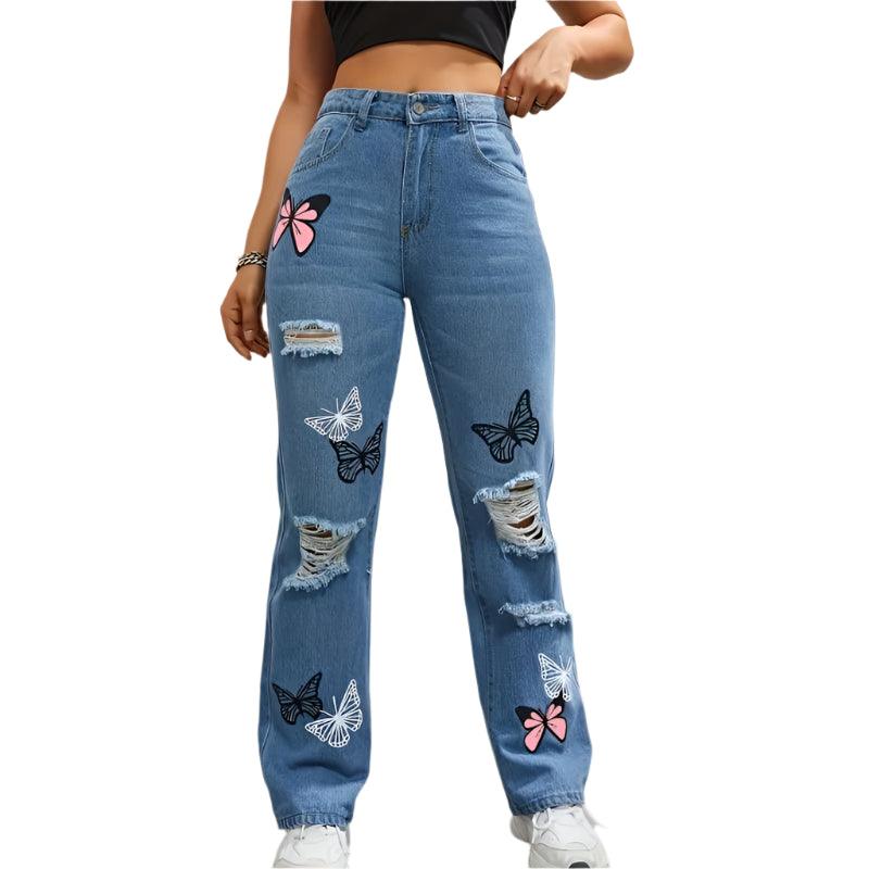 Women’s High-Waist Appliqué Straight-Leg Jeans – Trendy Streetwear Denim - JVMCL