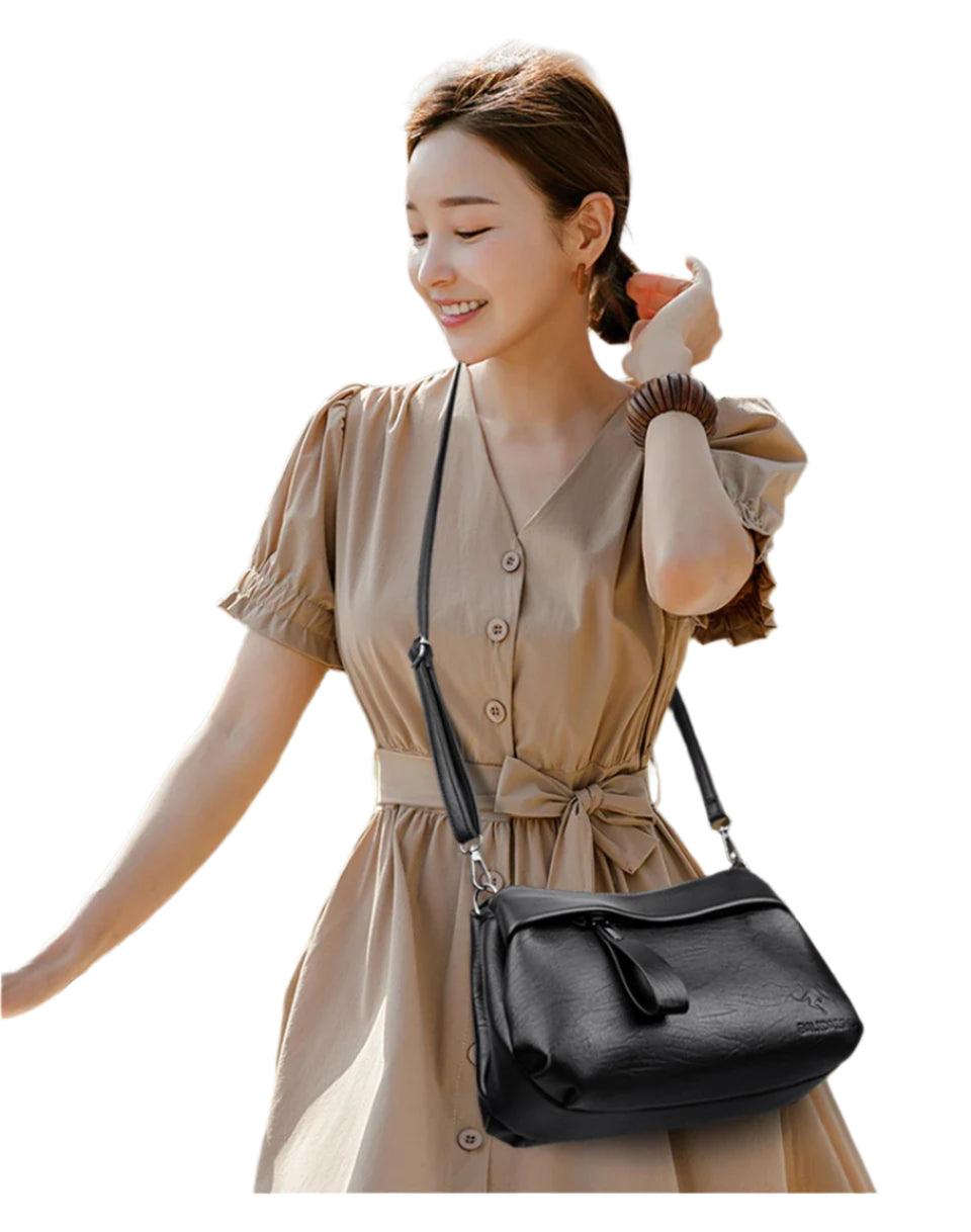 Embossed Kangaroo Logo 3 Compartments Style Leather Shoulder Bag Crossbody Bag - JVMCL