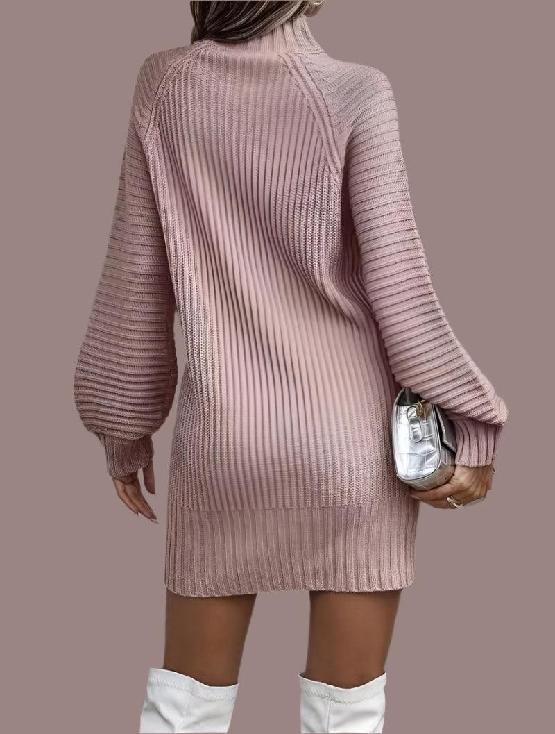 Elegant Solid Color Pit-stripe Turtleneck Long Sleeve Knitted Sweater Dresses - JVMCL