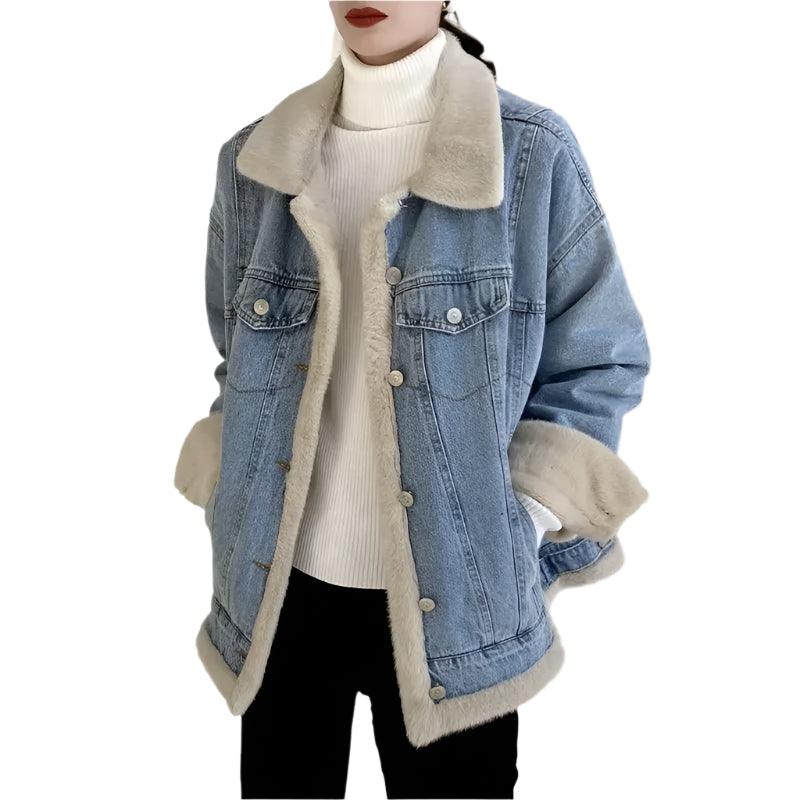 Women’s Winter Patchwork Padded Denim Jacket – Fur Plush Warm Jean Coat - JVMCL