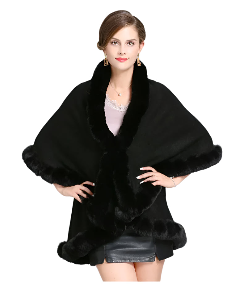 Elegant Outstreet Faux Fox Fur Collar Two-Layer Poncho Cape Cardigan Coat - JVMCL