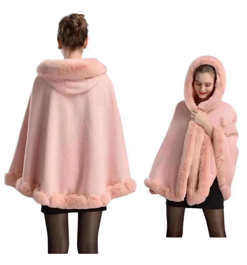 Luxury Winter Rabbit Fur Collar Poncho Cape – Elegant & Cozy Outstreet Mantle - JVMCL