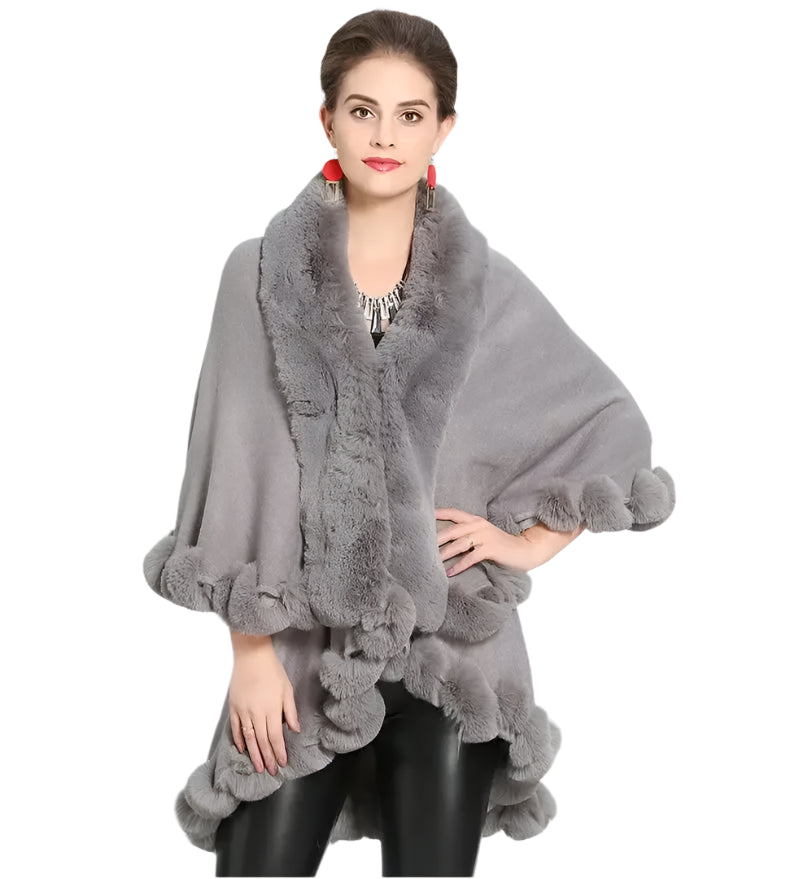 Women's Winter Knitted Poncho Cloak – Faux Rex Rabbit Fur Collar Pashmina Wrap