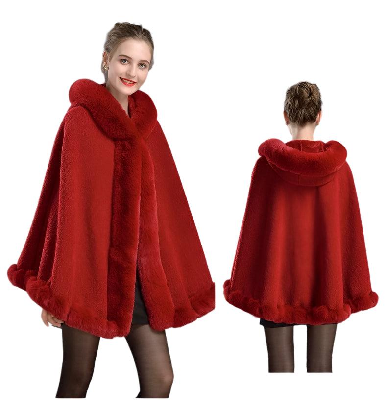 Luxury Winter Rabbit Fur Collar Poncho Cape – Elegant & Cozy Outstreet Mantle - JVMCL