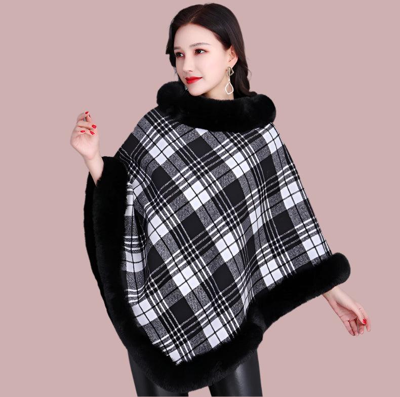 Party Outfit Grey Grid Winter Thick Warm Poncho with Faux Rabbit Fur Collar - JVMCL