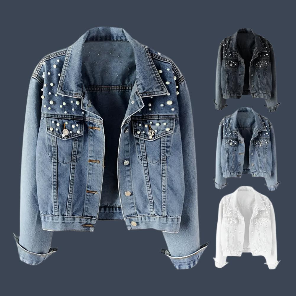 Autumn Fashion Women’s Denim Jacket - Pearl Decorated Loose Short Casual Cardigan - JVMCL