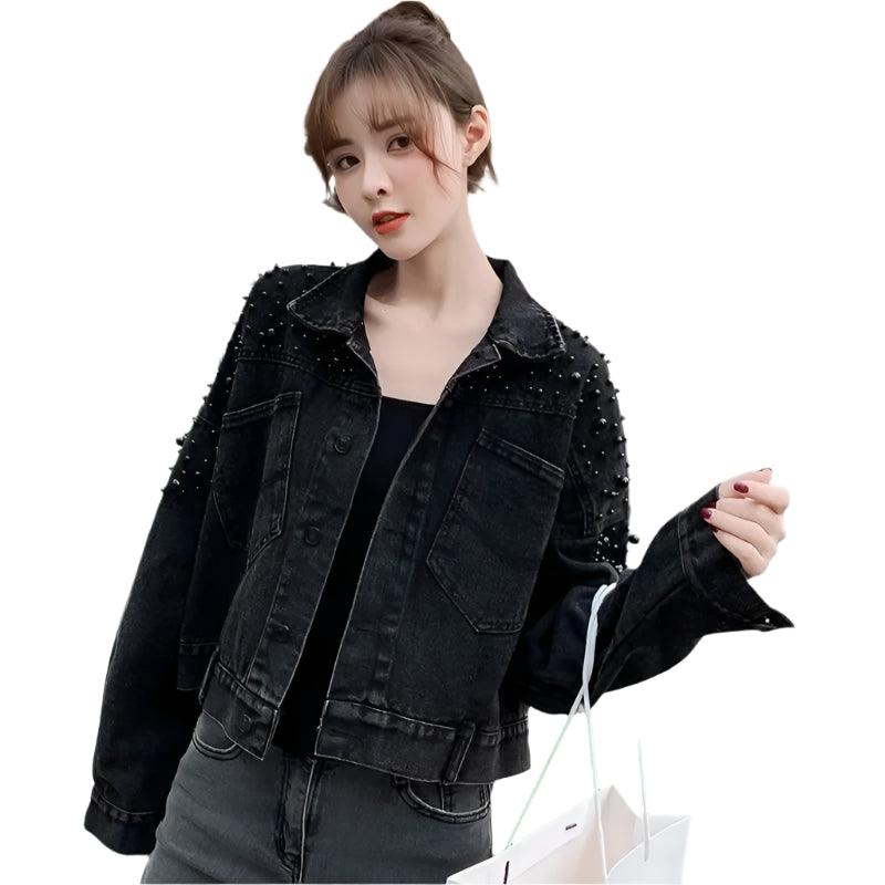 New Denim Jacket for Women - Large Size Short Coat with Beaded Detailing - JVMCL