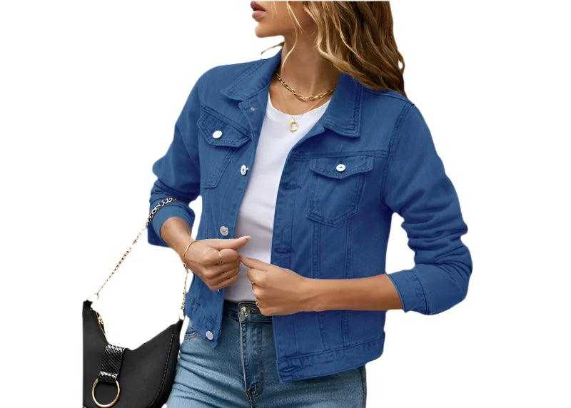 Women's Short Slim Denim Jacket -Casual Fall/Winter Jean Coat with Patch Details - JVMCL