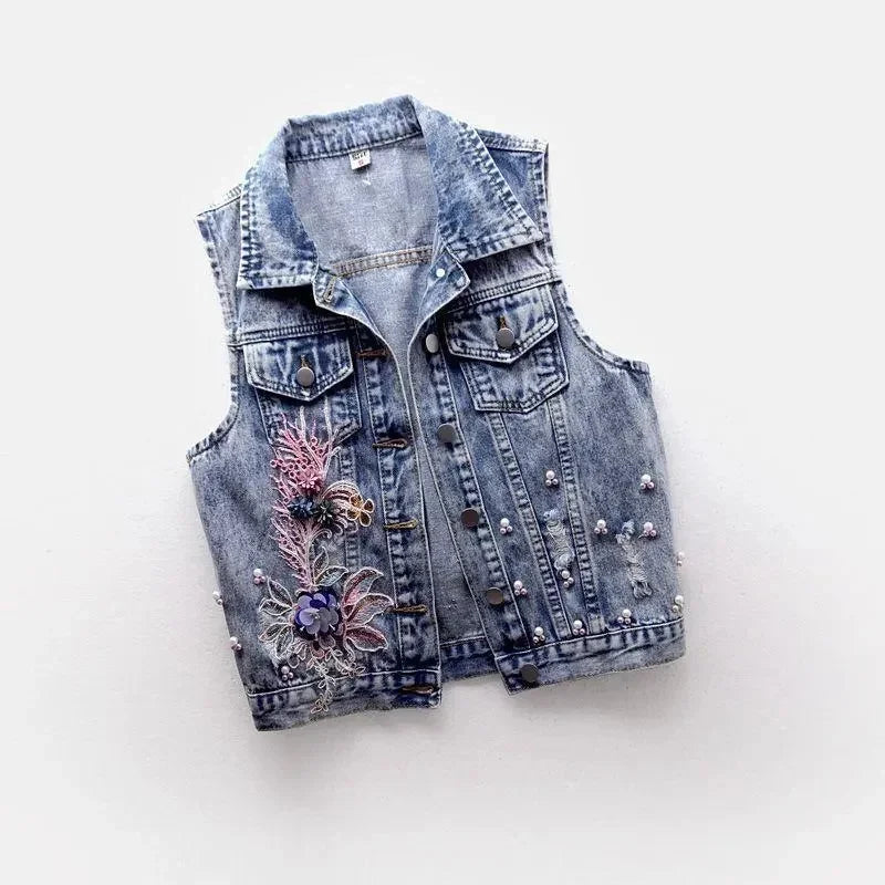 Women’s Ripped Pearl Beaded Denim Vest – Trendy Streetwear for Spring & Summer