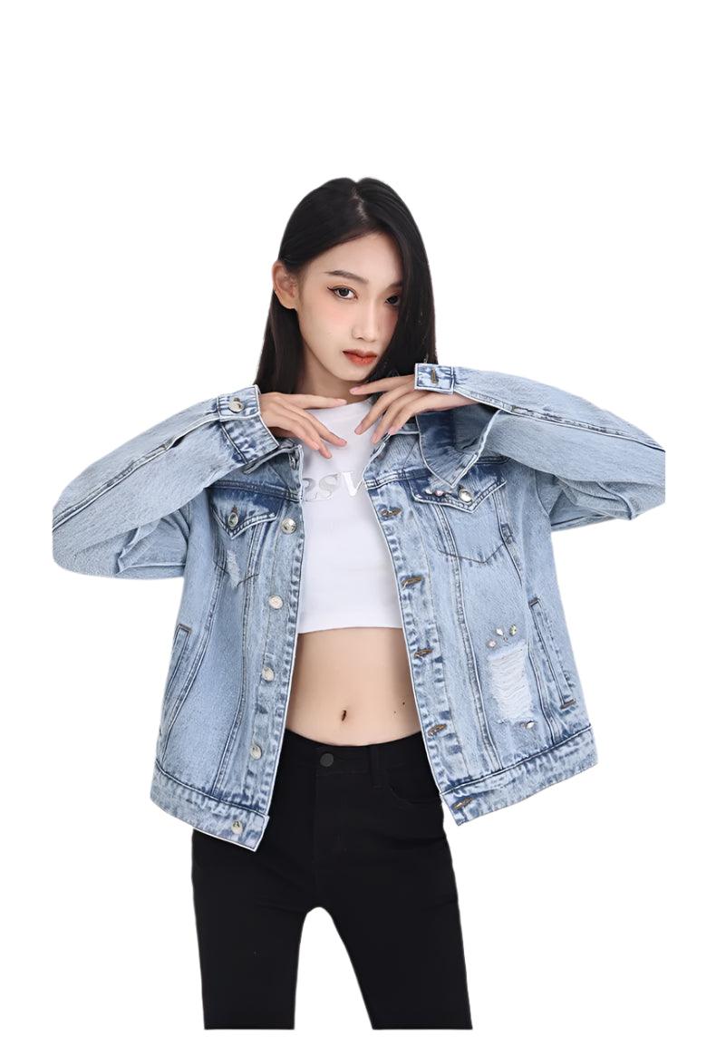 Women's Floral Embroidery Hole Denim Jacket-High Street Slim Fit Short Jean Coat - JVMCL