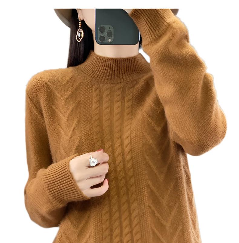 Long-Sleeved -High-Necked Twisted Knit Wool Pullover Sweater for Autumn/Winter - JVMCL