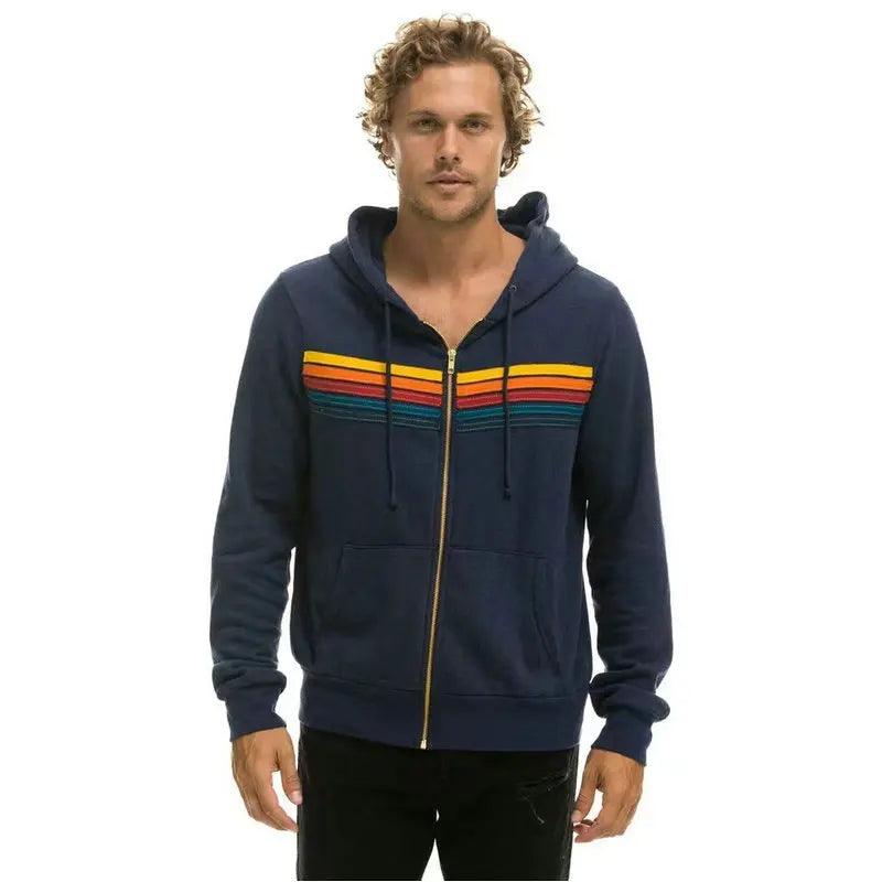 Aviator Nation 5 Stripe Rainbow Hooded Sweatshirt– Slim Fit Fleece Zip-Up Jacket - JVMCL