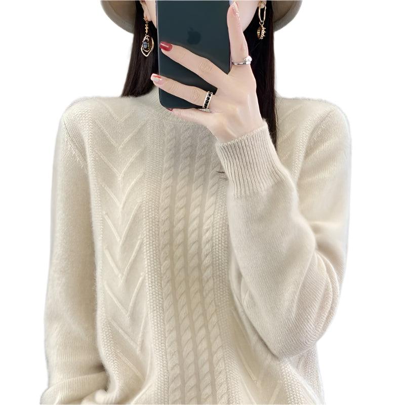 Long-Sleeved -High-Necked Twisted Knit Wool Pullover Sweater for Autumn/Winter - JVMCL