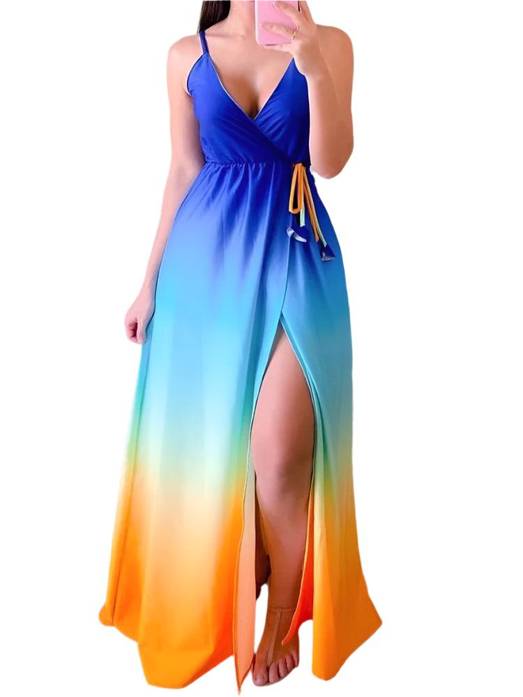 Gradient Print Maxi Sundress – Sexy V-Neck Spaghetti Strap Summer Dress - JVMCL