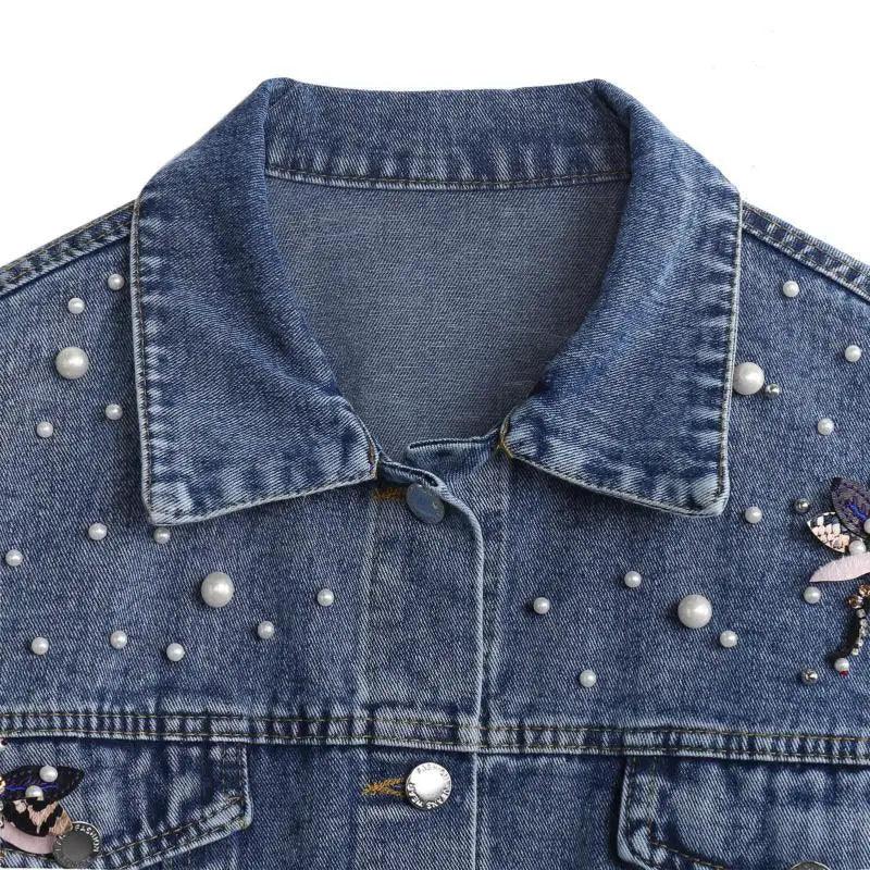 Women's Elegant Pearl Denim Coat – Loose Casual Autumn Work Jacket