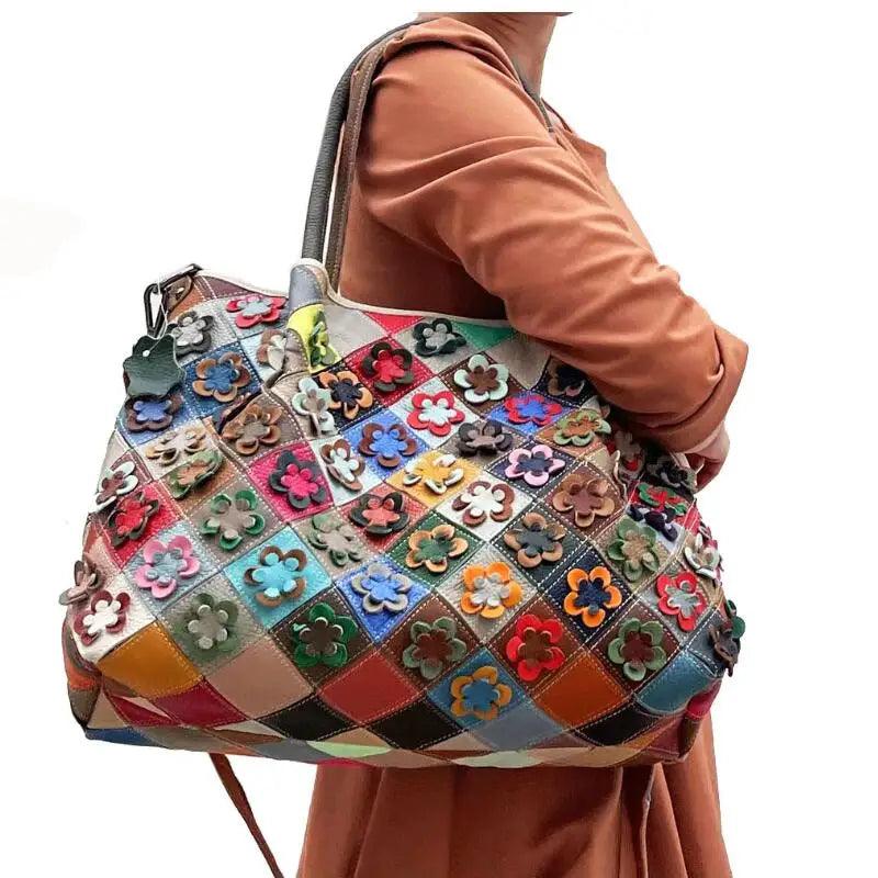 Multi-Colorful Real Leather Floral Tote – Luxury & Artistic Elegance - JVMCL