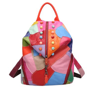 Women's Genuine Leather Backpack –Vintage Bucket Schoolbag with Patchwork Design - JVMCL