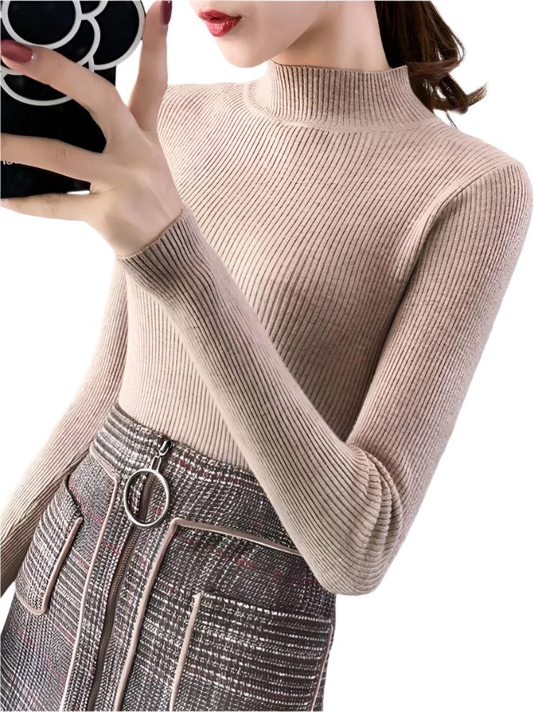 Autumn Winter Mock Neck Women Sweater - Vintage Basic Slim Knitted Casual Pullover - JVMCL