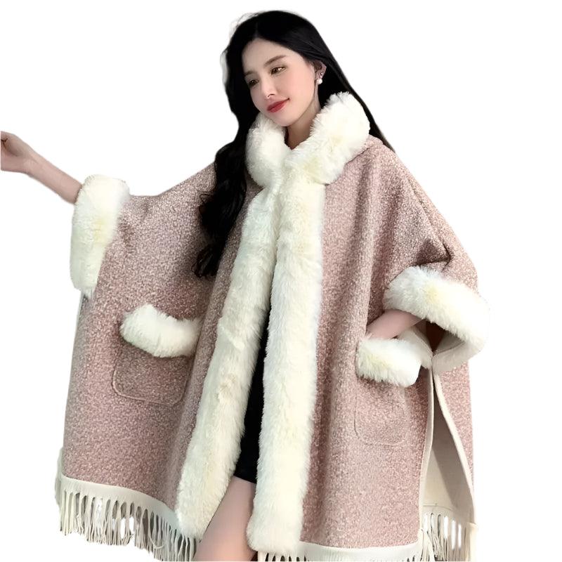 Hooded Overcoat Plaid Faux Lamb Fur Women’s Long Thick Velvet Poncho Cloak - JVMCL